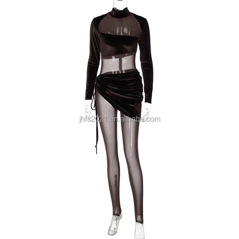 J&H fashion sexy hot sale long sleeve high collar turtle neck bandeau see-through one piece jumpsuit mesh bodysuit club wear
