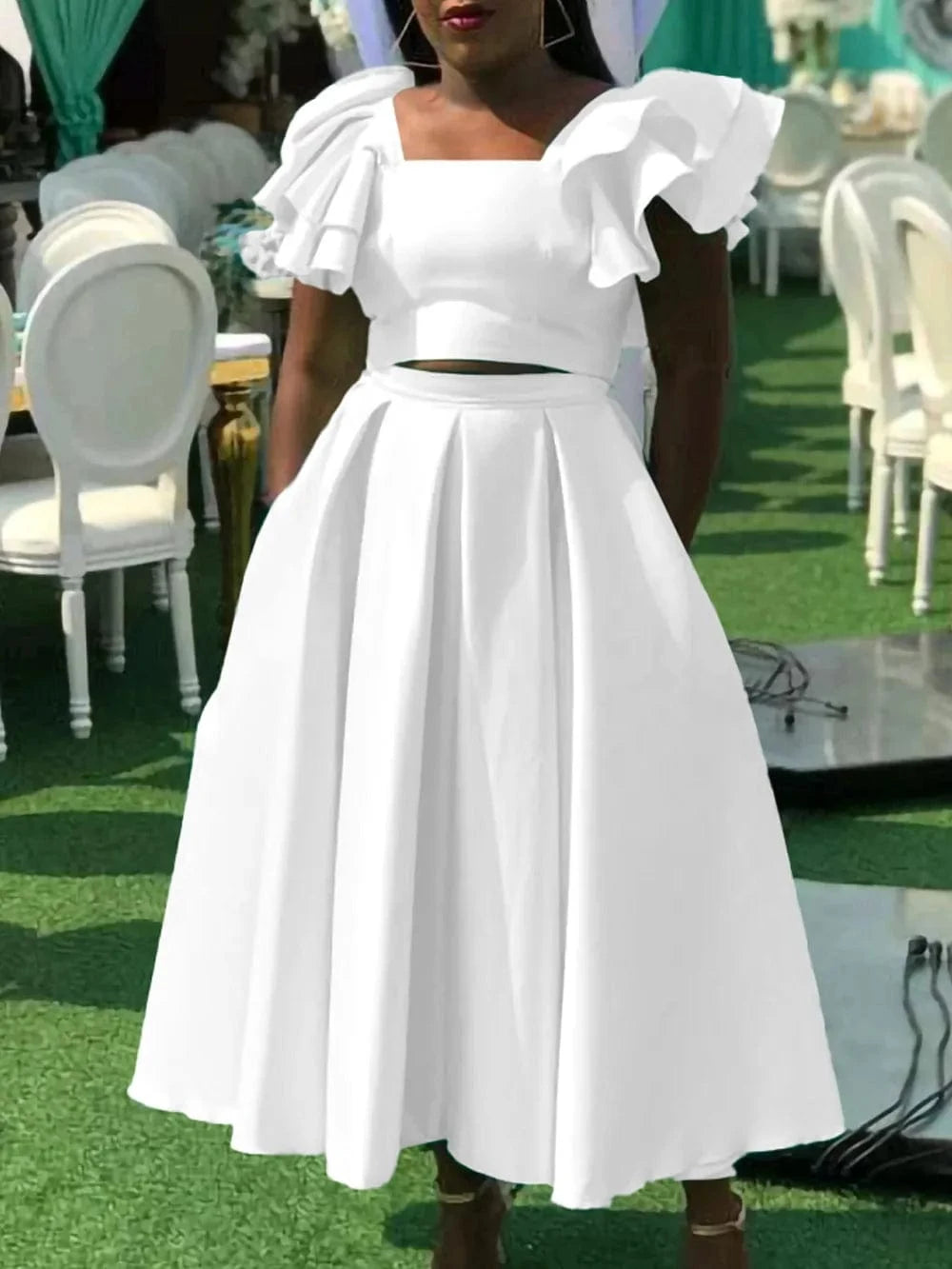 J&H Latest Design Two Piece Set Women Clothing Ruffle Sleeve Square Neck Top A-line Skirt Set Two Piece Outfits For Women