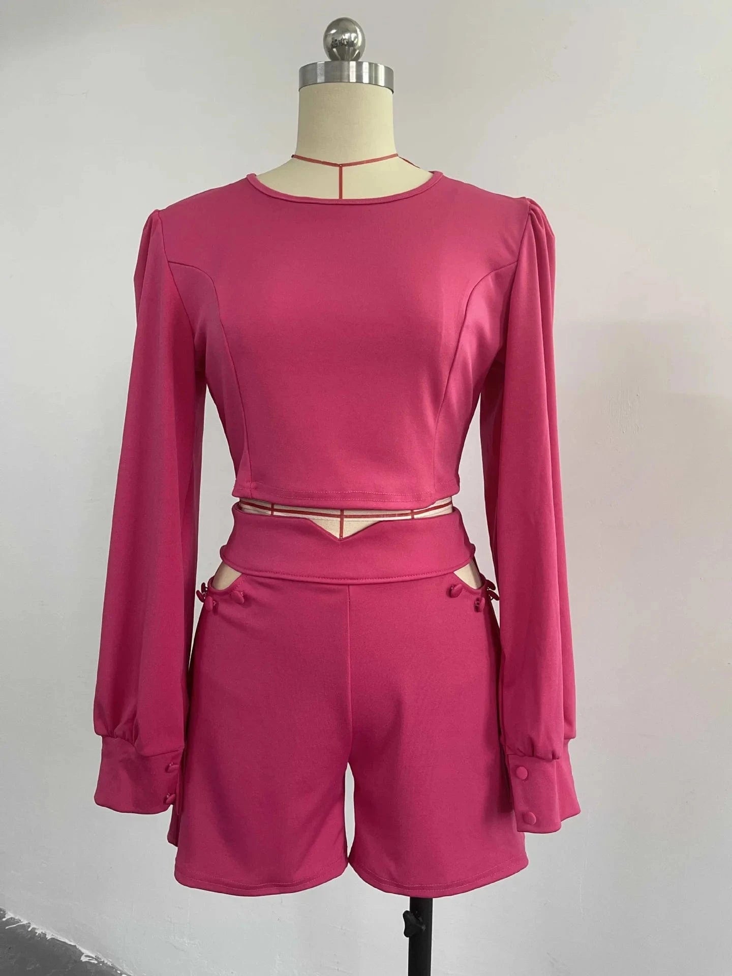 J&H New Arrival Long Sleeve Short Shirt Hollow Out High Waist Shorts Casual Outfits For Women Two Piece Set Women Clothing