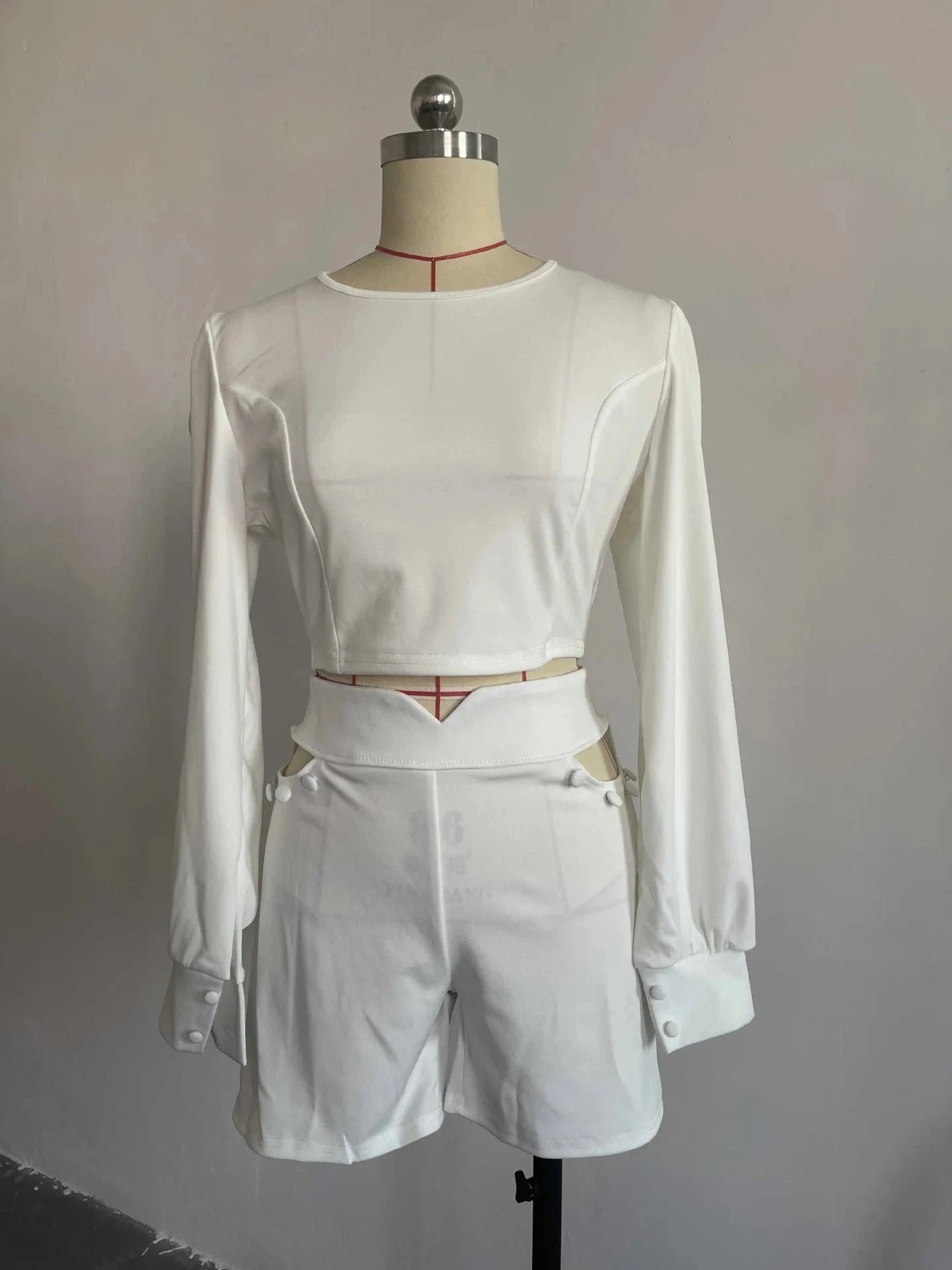 J&H New Arrival Long Sleeve Short Shirt Hollow Out High Waist Shorts Casual Outfits For Women Two Piece Set Women Clothing