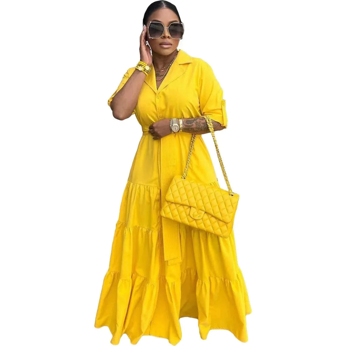 J&H  New Chic 2024 Spring Loose half Sleeve Ladies Ruffled Wrap Casual Sweet Shirt dress Women Elegant Maxi Ruffle Dress