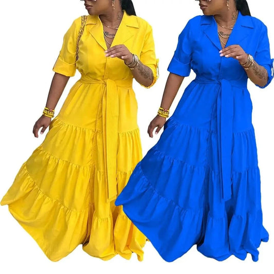 J&H  New Chic 2024 Spring Loose half Sleeve Ladies Ruffled Wrap Casual Sweet Shirt dress Women Elegant Maxi Ruffle Dress