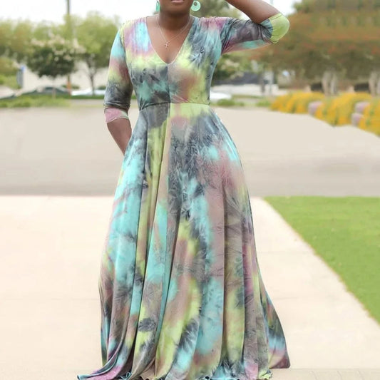 J&H Plus Size Xl-5Xl Tie Dyed Printing Long Sleeve Loose Casual Dress Lounge Wear Long Maxi Dress For Women