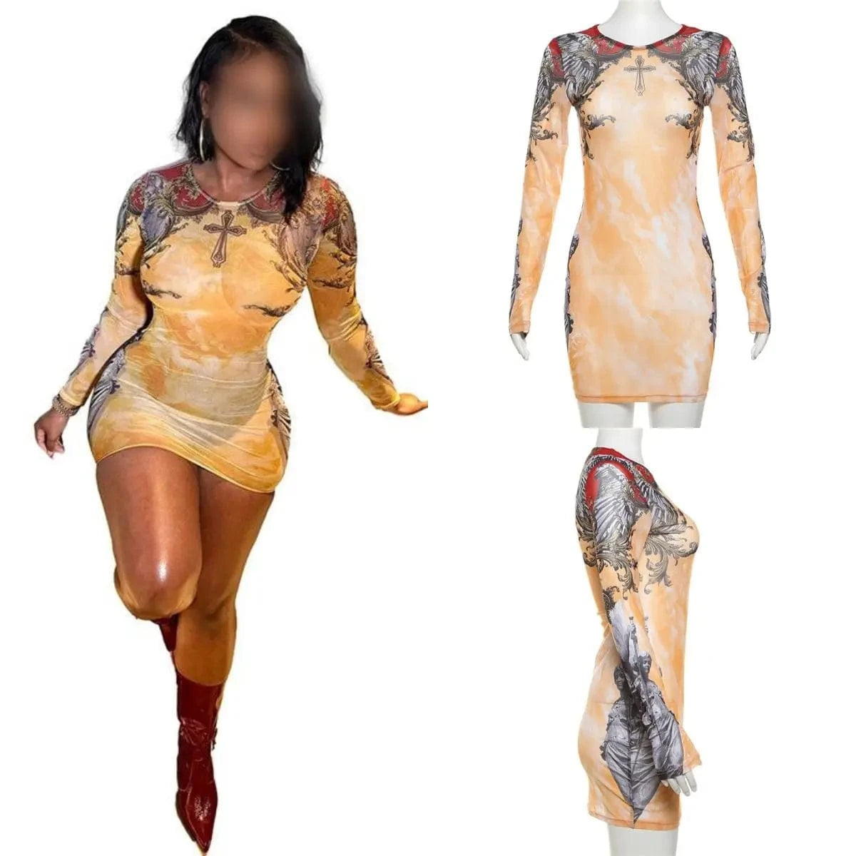 J&H Sexy 2024 Spring New 3d Printed Crew Neck Long Sleeve Mini Dress Bodycon Casual Fashion Elegant Dress For Women