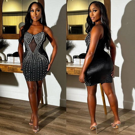 J&H Sexy Party Club Hot Diamond Velvet Patchwork Mesh Perspective Bag Buttocks Strap Short Mini Skirt Dress