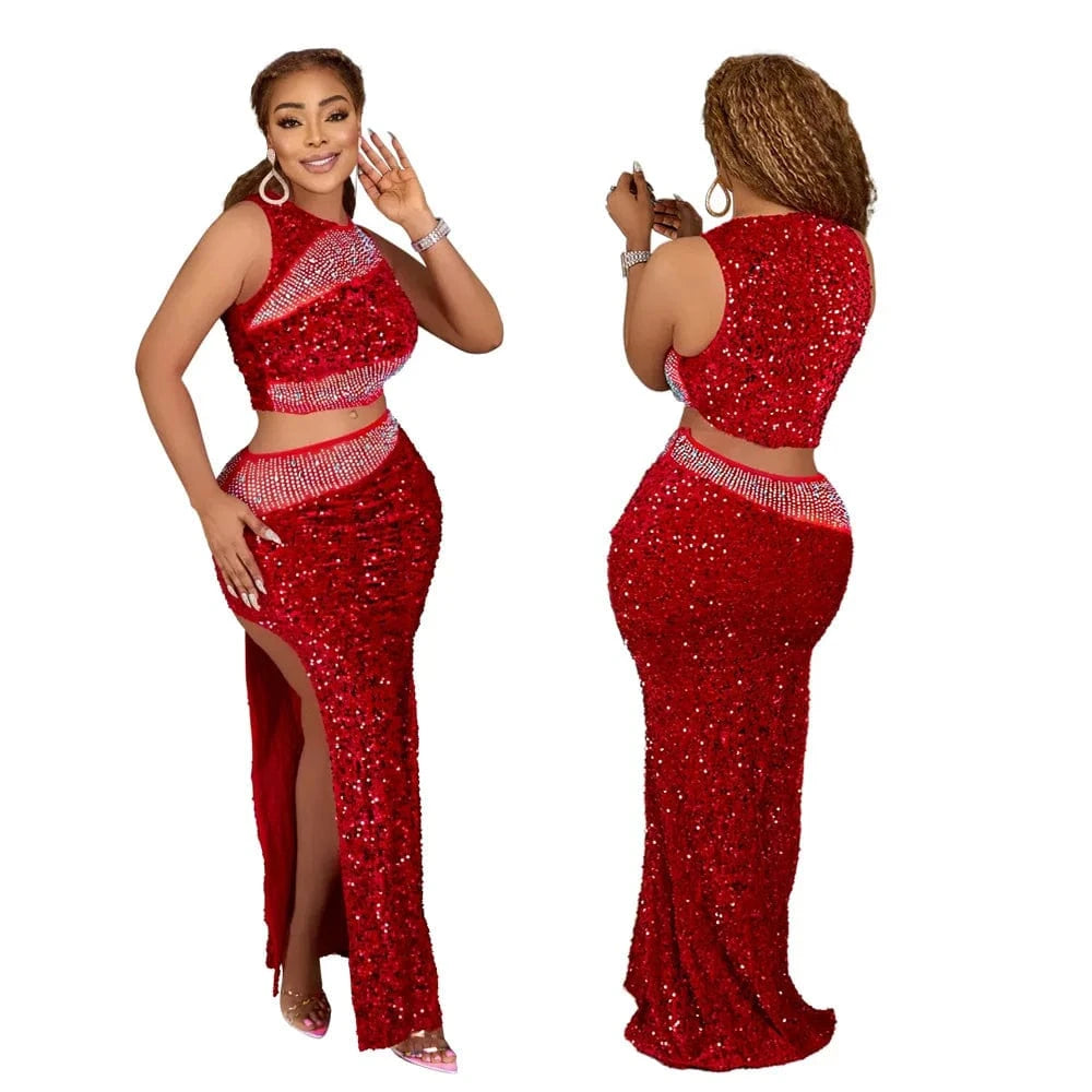 J&H Sleeveless Crop Top Matching High Slit Wrapped Long Skirt Hot Diamond Sequin Two-Piece Set For Women