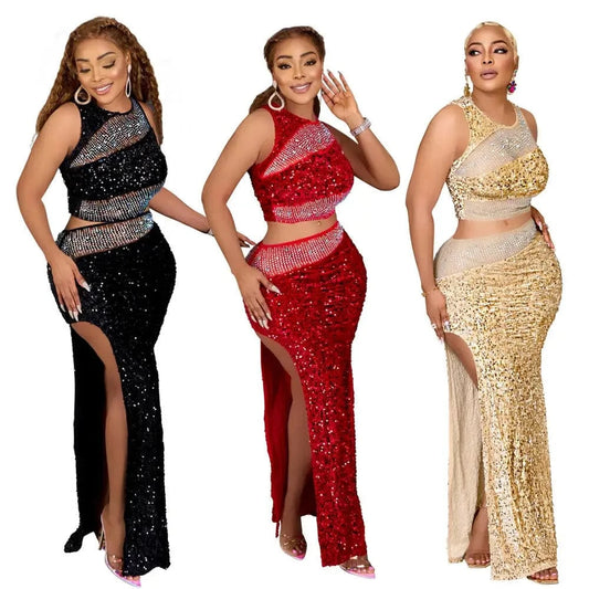 J&H Sleeveless Crop Top Matching High Slit Wrapped Long Skirt Hot Diamond Sequin Two-Piece Set For Women