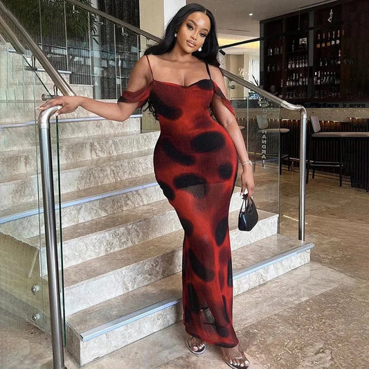 J&H Summer 2024 New Sexy Contrasting Polka Dot Printed One Shoulder Strap Mesh Floral Sleeveless Long Maxi Dress