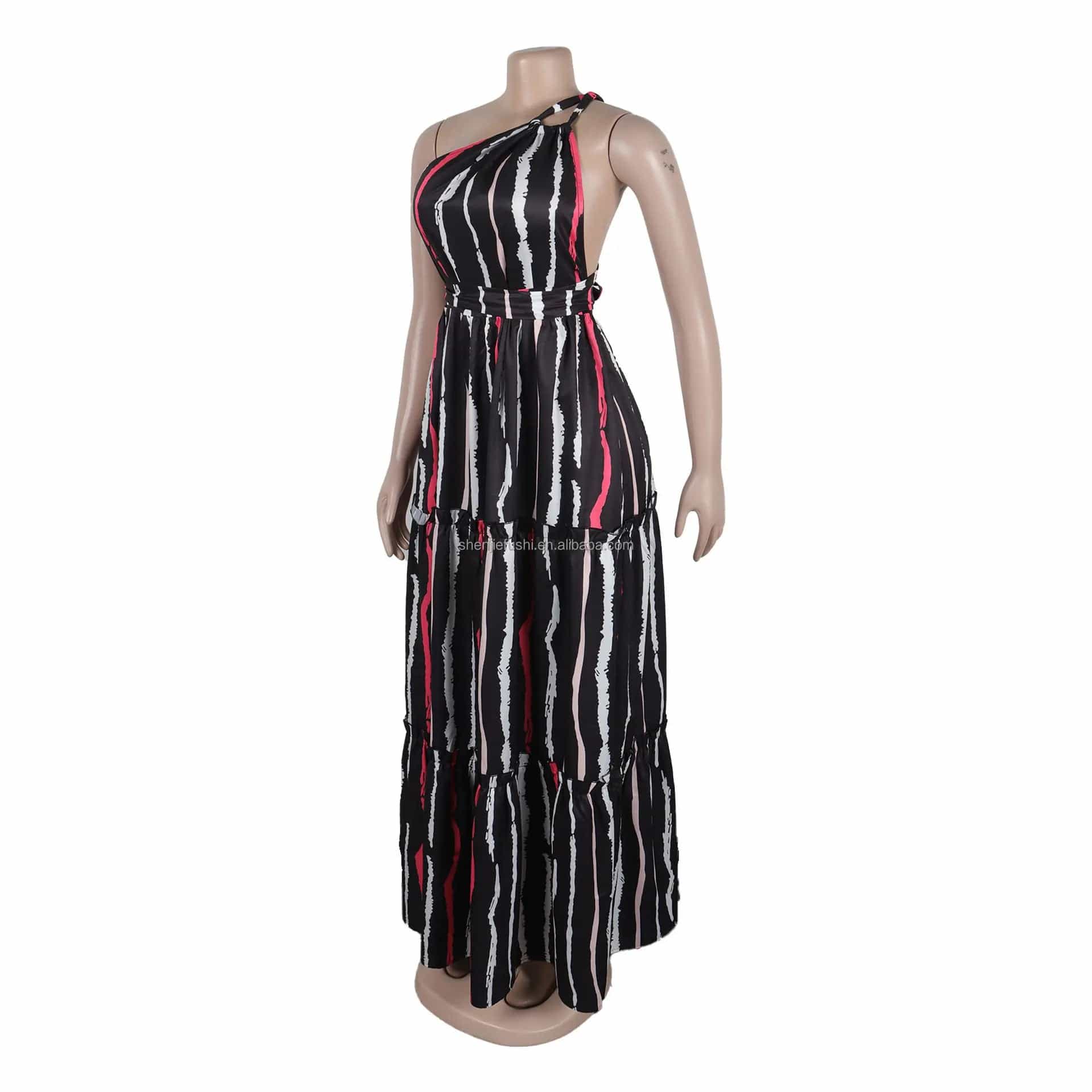 J&H Summer 2024 Sexy Printed Patchwork Strap Large Skirt Hem Slanted Shoulder Backless Bohemian Maxi Dress