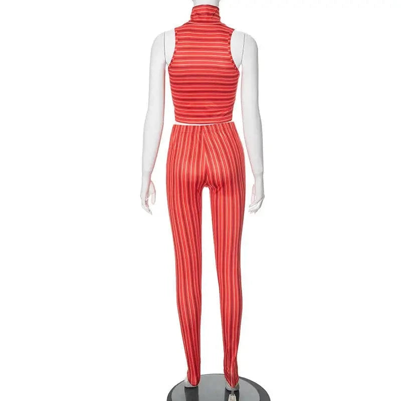 J&H Summer 2024 Striped Print Sleeveless High Waist Crop Top And Pant 2 Piece Set Bodycon Casual Fashion Women's Set