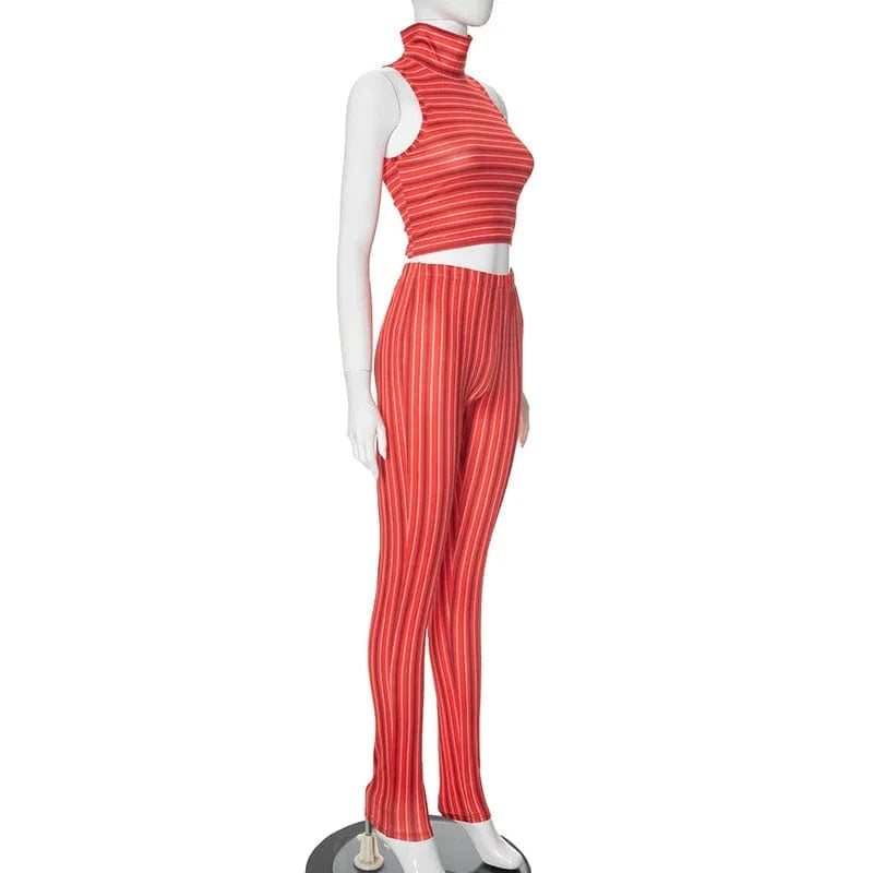 J&H Summer 2024 Striped Print Sleeveless High Waist Crop Top And Pant 2 Piece Set Bodycon Casual Fashion Women's Set