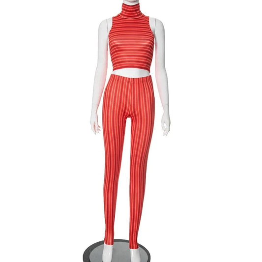 J&H Summer 2024 Striped Print Sleeveless High Waist Crop Top And Pant 2 Piece Set Bodycon Casual Fashion Women's Set