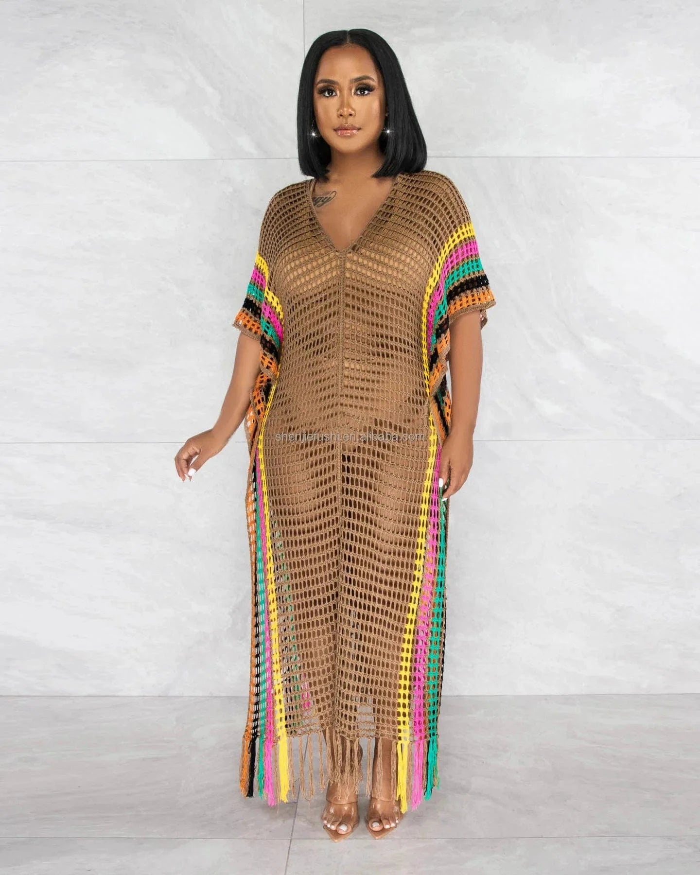 J&H Summer 2024 Women'S Long Dresses Sexy Woolen Hand Crochet Tassels Woman Summer Knitted Beach Hand Crochet Dress