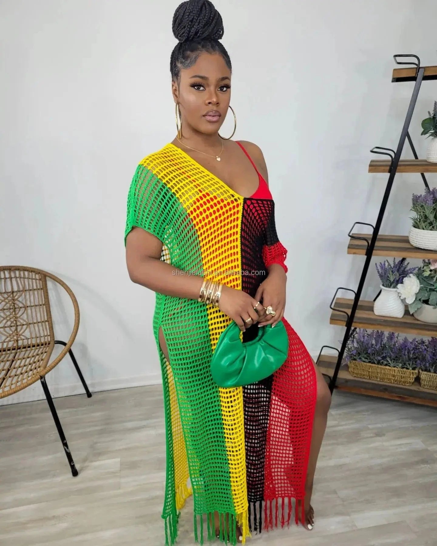 J&H Summer 2024 Women'S Long Dresses Sexy Woolen Hand Crochet Tassels Woman Summer Knitted Beach Hand Crochet Dress