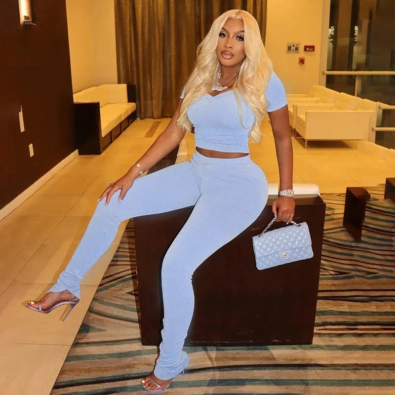 J&HSpring 2024 Women Jogger Set Custom Short Sleeve Tight Ribbed Knitted Two Piece Pants Legging Sweatsuit Set