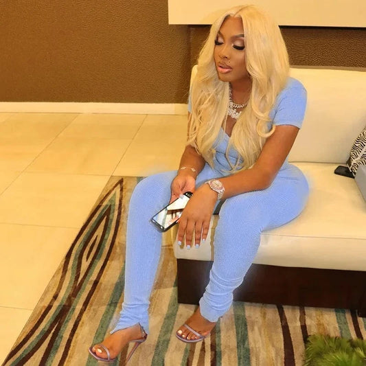 J&HSpring 2024 Women Jogger Set Custom Short Sleeve Tight Ribbed Knitted Two Piece Pants Legging Sweatsuit Set