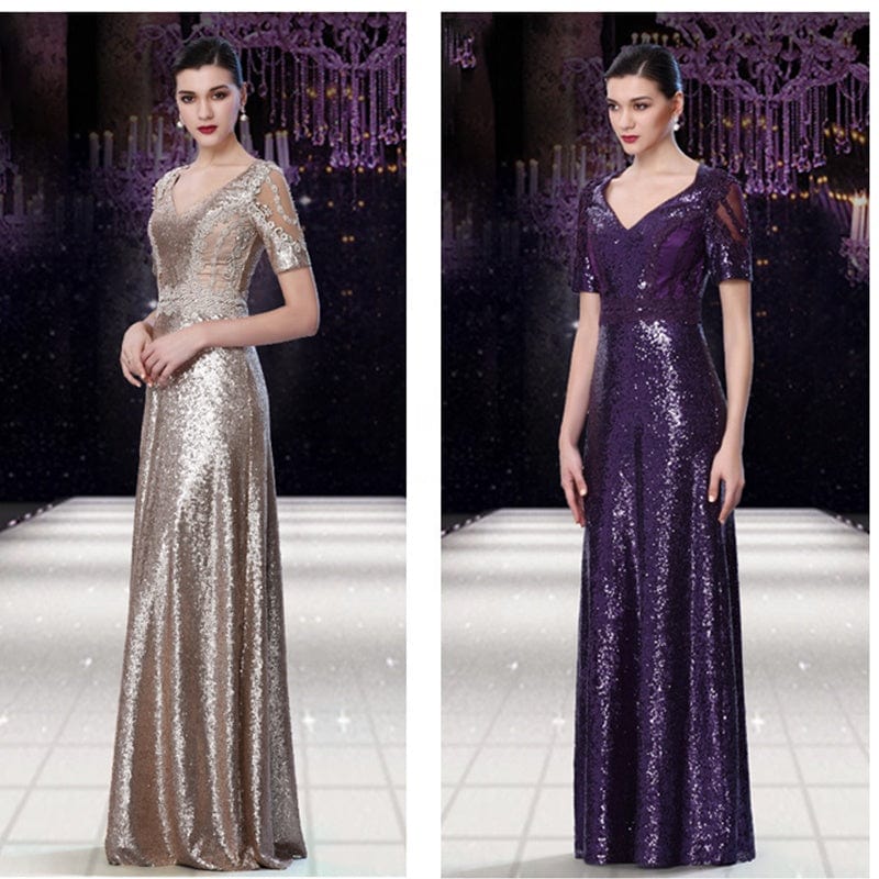 Jancember LC02 Sexy V-neck Long Sleeve Gown Mother Of The Bride Evening Dress