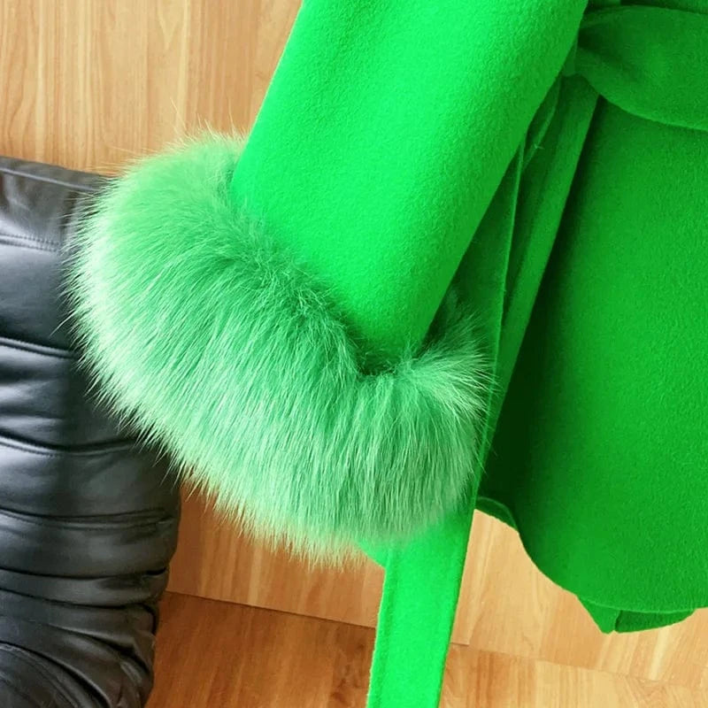 Jancoco Luxury Fox Fur Cuffs Long Alpaca Wool Coat Winter Women Real Cashmere Wool Coat