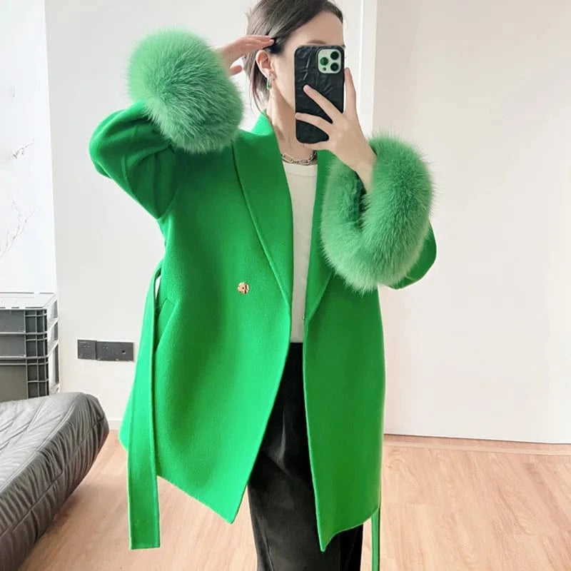 Jancoco Luxury Fox Fur Cuffs Long Alpaca Wool Coat Winter Women Real Cashmere Wool Coat