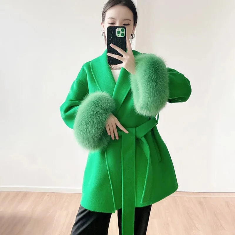 Jancoco Luxury Fox Fur Cuffs Long Alpaca Wool Coat Winter Women Real Cashmere Wool Coat