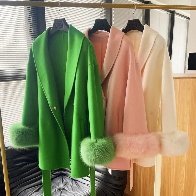 Jancoco Luxury Fox Fur Cuffs Long Alpaca Wool Coat Winter Women Real Cashmere Wool Coat