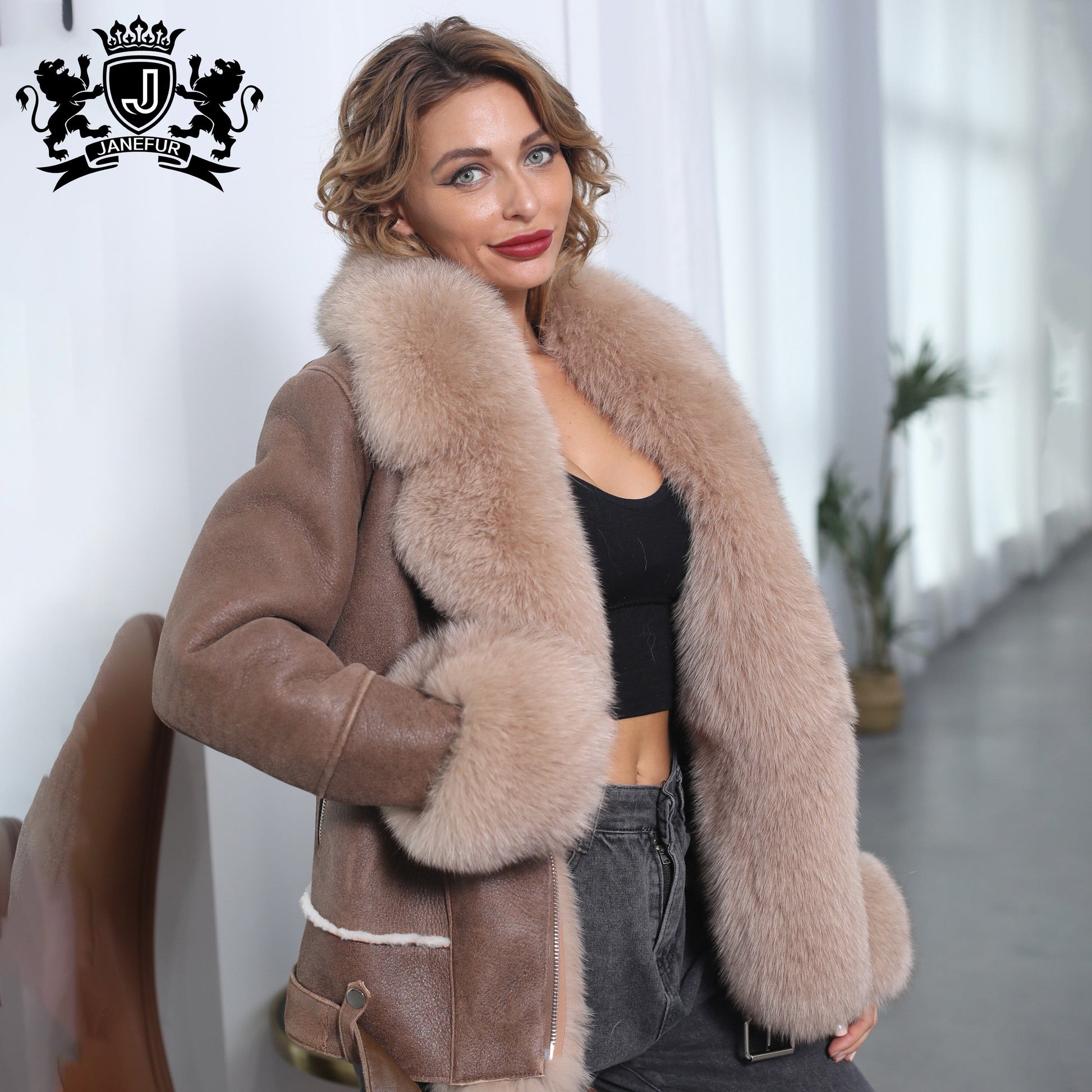 Janefur Luxury Sheepskin Fur Coat Winter Warm Real Lamb Leather Coat For Women Double Face Fur Jacket