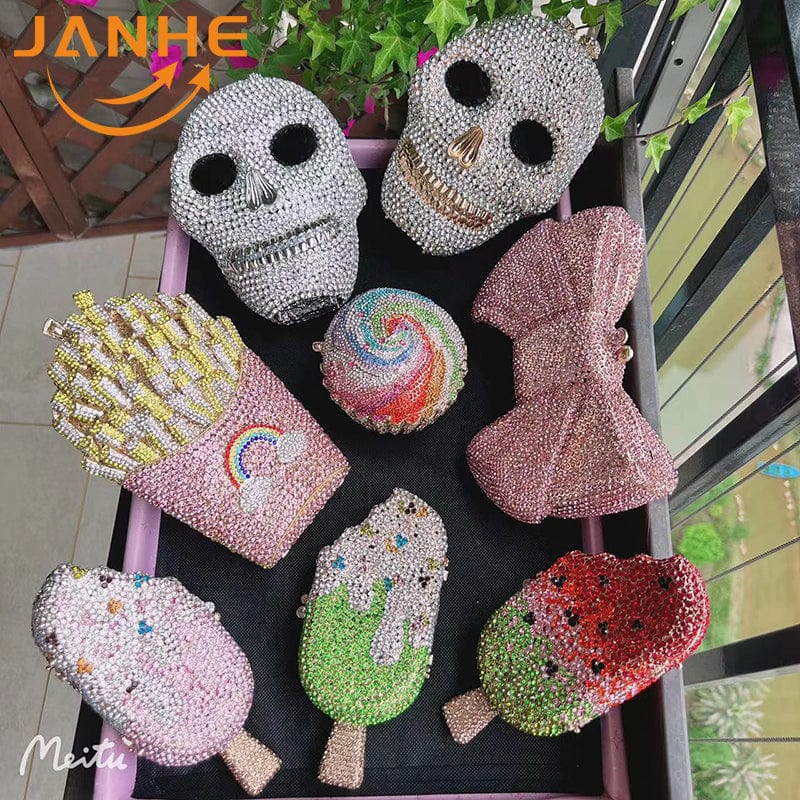 JANHE Bling sac a main bolsa Besg Sparkling Ladies Crystal Diamond Party Metal Evening Bags Popcorn Box Purse Handbags For Women