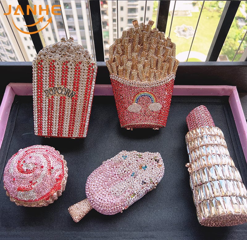 JANHE Bling sac a main bolsa Besg Sparkling Ladies Crystal Diamond Party Metal Evening Bags Popcorn Box Purse Handbags For Women