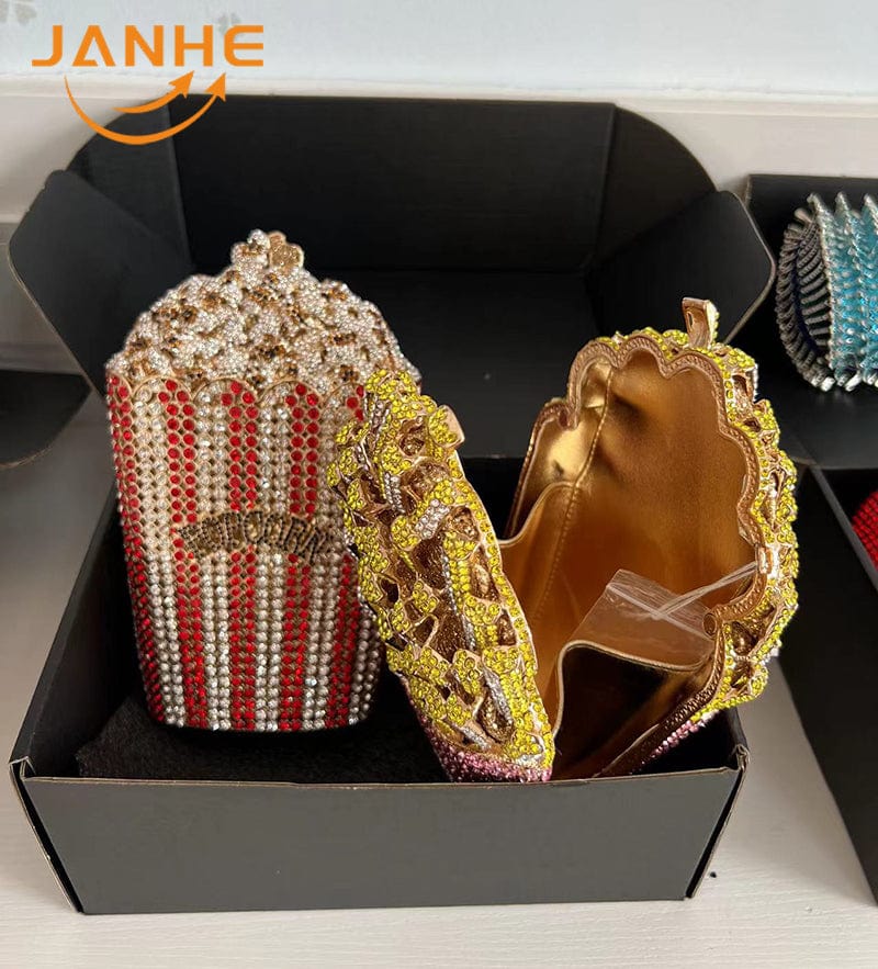 JANHE Bling sac a main bolsa Besg Sparkling Ladies Crystal Diamond Party Metal Evening Bags Popcorn Box Purse Handbags For Women