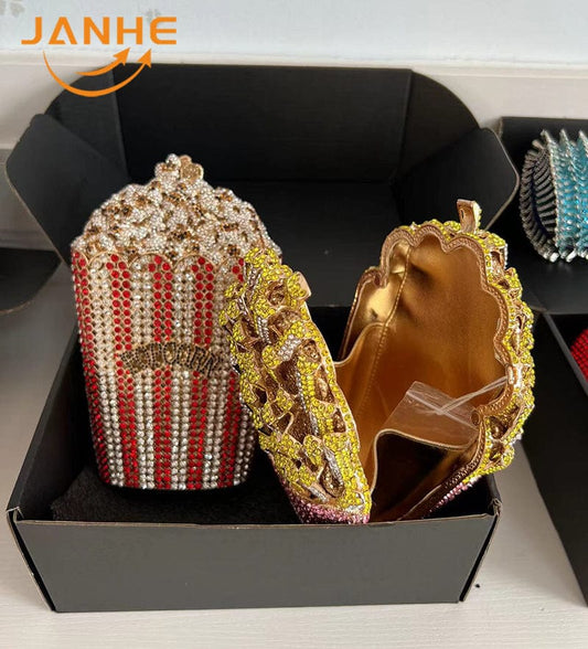 JANHE Bling sac a main bolsa Besg Sparkling Ladies Crystal Diamond Party Metal Evening Bags Popcorn Box Purse Handbags For Women