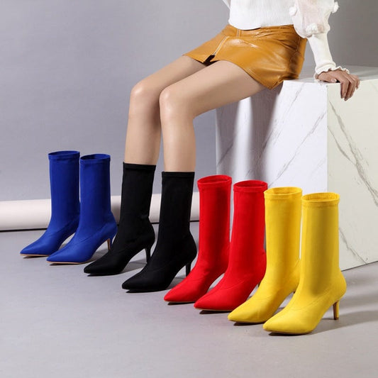 JANHE bottes femme botas de mujer Candy Color Pointed stiletto High Heel ankle boots ladies shoes suede women's boot