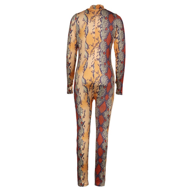 JANHE combinais Roupas femininas Lady snakeskin long sleeve jumpsuit Skinny Leopar Zipper Sport Women Bodysuit Playsuit Jumpsuit