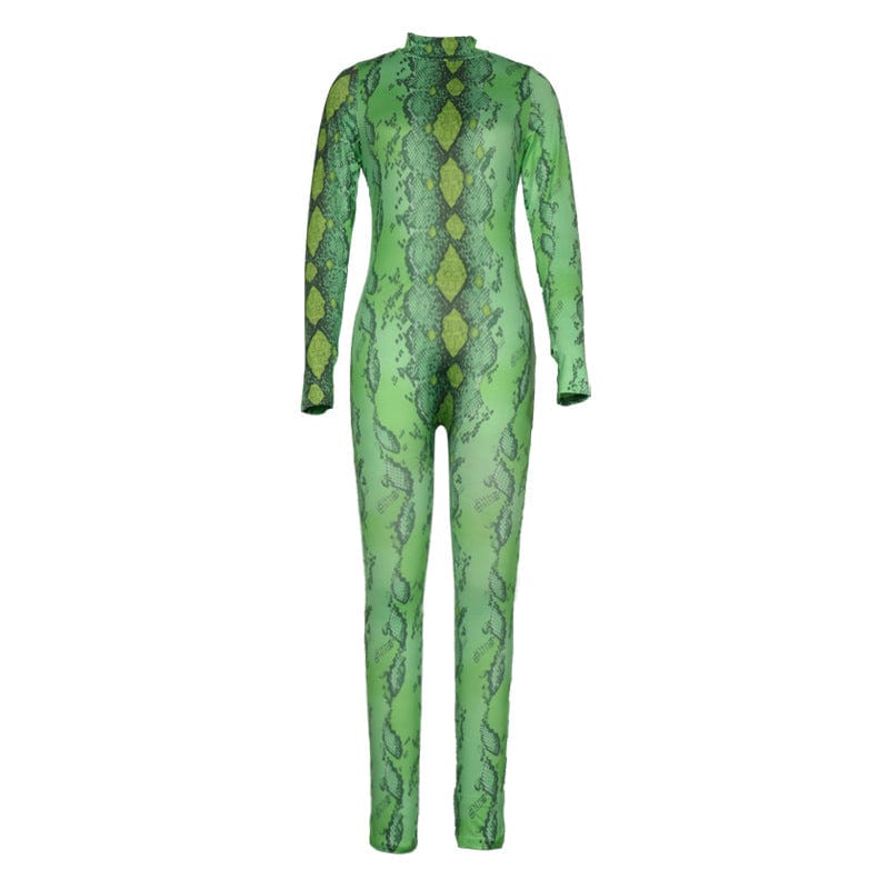JANHE combinais Roupas femininas Lady snakeskin long sleeve jumpsuit Skinny Leopar Zipper Sport Women Bodysuit Playsuit Jumpsuit