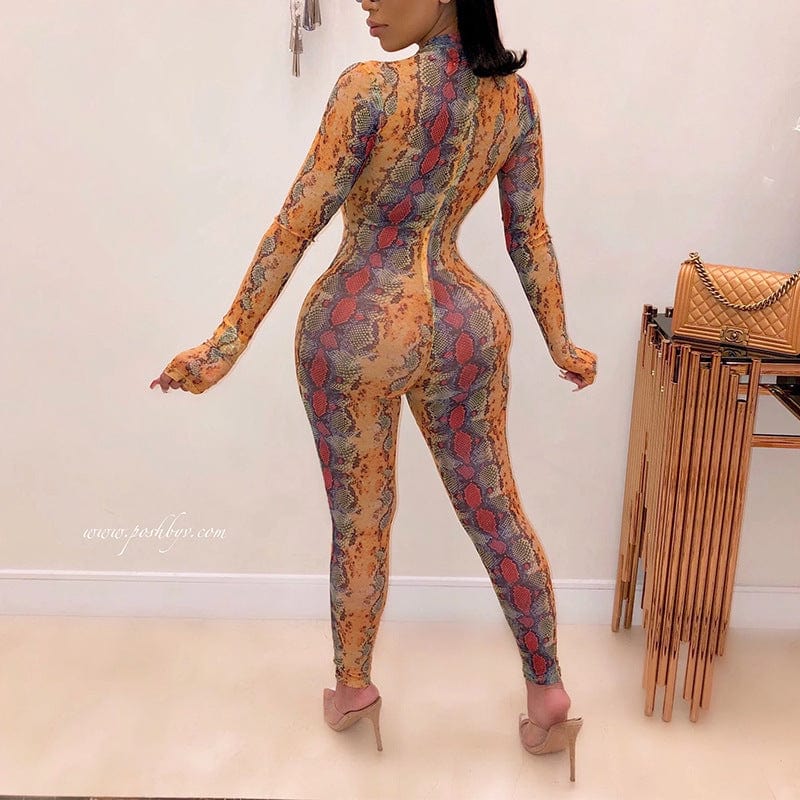 JANHE combinais Roupas femininas Lady snakeskin long sleeve jumpsuit Skinny Leopar Zipper Sport Women Bodysuit Playsuit Jumpsuit