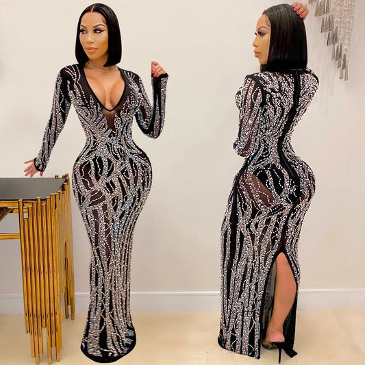JANHE vestidos de fiesta robes femme shiny bling Maxi dresses Lady bodycon Sexy club deep V neck black dress party evening dress