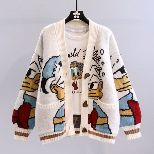 Japanese Style Cartoon Jumper Jacket Female Autumn And Winter ANSZKTN Loose Outer Thick Knitted Cardigan