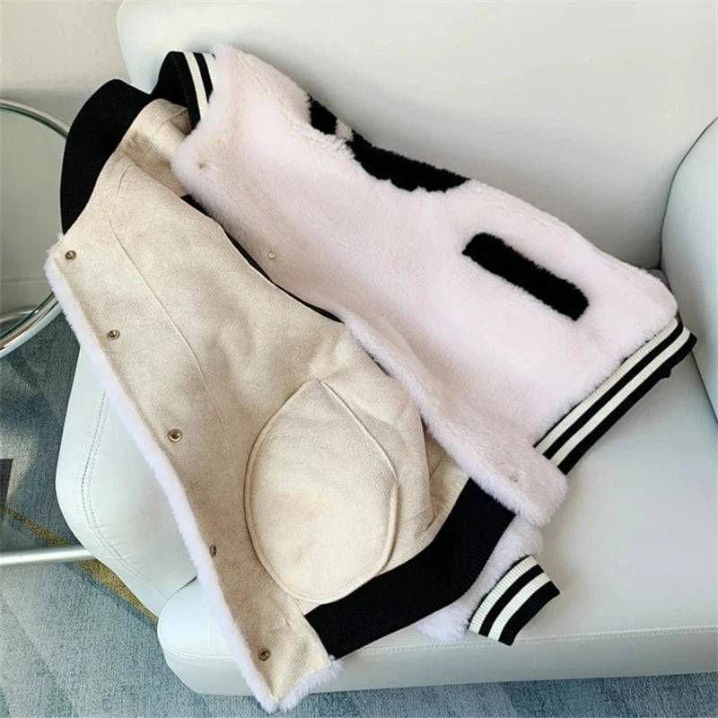 JT3278 Women's Sheep Shearling Warm Baseball Coats Lady Lamb Wool Fur Jacket Winter Overcoat