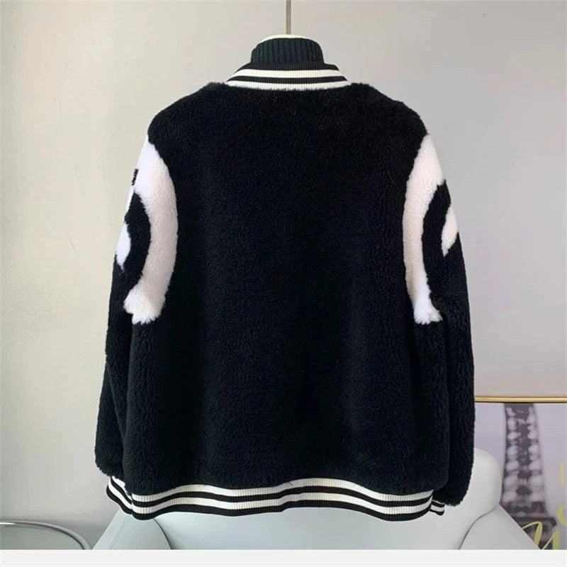 JT3278 Women's Sheep Shearling Warm Baseball Coats Lady Lamb Wool Fur Jacket Winter Overcoat
