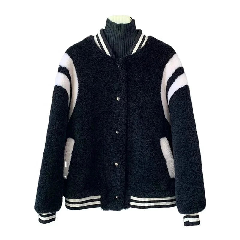 JT3278 Women's Sheep Shearling Warm Baseball Coats Lady Lamb Wool Fur Jacket Winter Overcoat