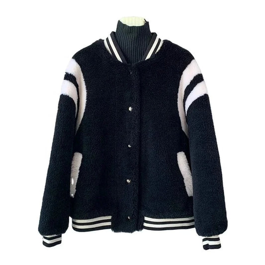 JT3278 Women's Sheep Shearling Warm Baseball Coats Lady Lamb Wool Fur Jacket Winter Overcoat