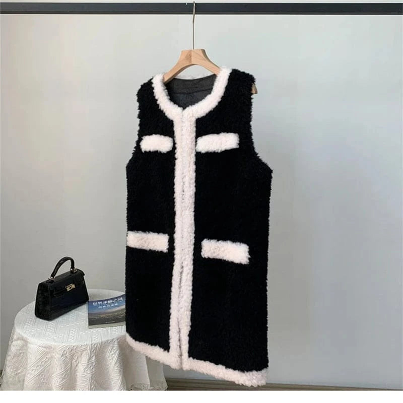 JT3311 Women's Real Wool Fur Winter Vest Coat Female Girl Warm Sheep Shearling Fashion Waistcoat Jacket