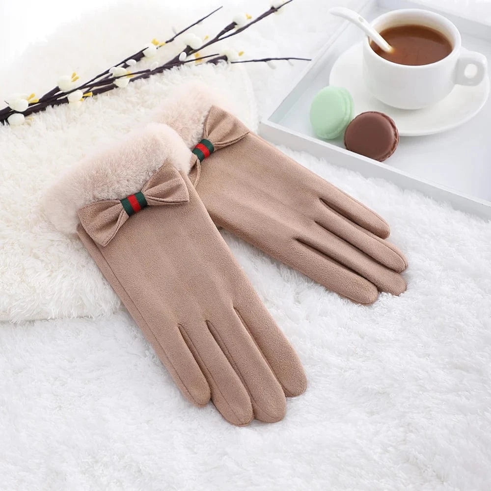 Jujube Red Outdoor cute bow comfortable lining winter windproof touch screen fashion gloves for women