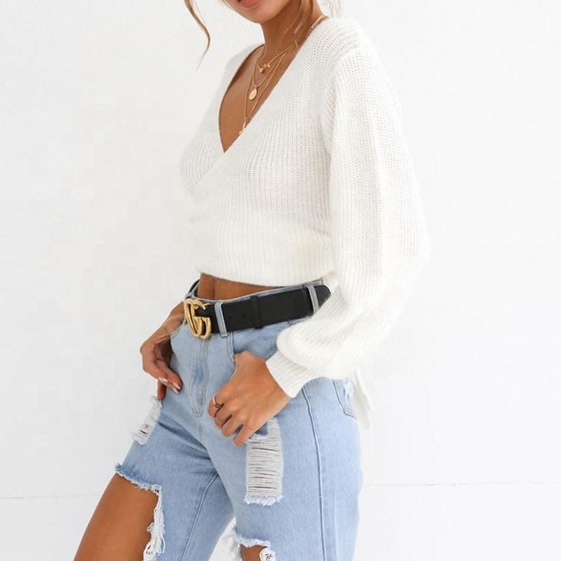 Jumper Sweaters Bulk Wholesale Fashion Latest Winter Design Long Lantern Sleeve Cotton Slim Deep V Sexy Women Sweater Crop Top