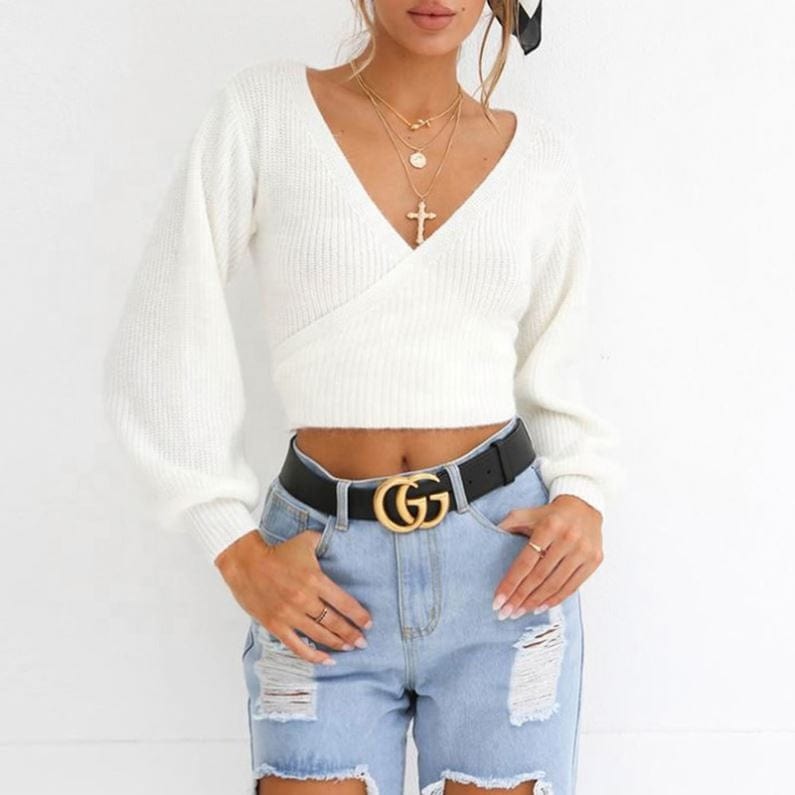 Jumper Sweaters Bulk Wholesale Fashion Latest Winter Design Long Lantern Sleeve Cotton Slim Deep V Sexy Women Sweater Crop Top