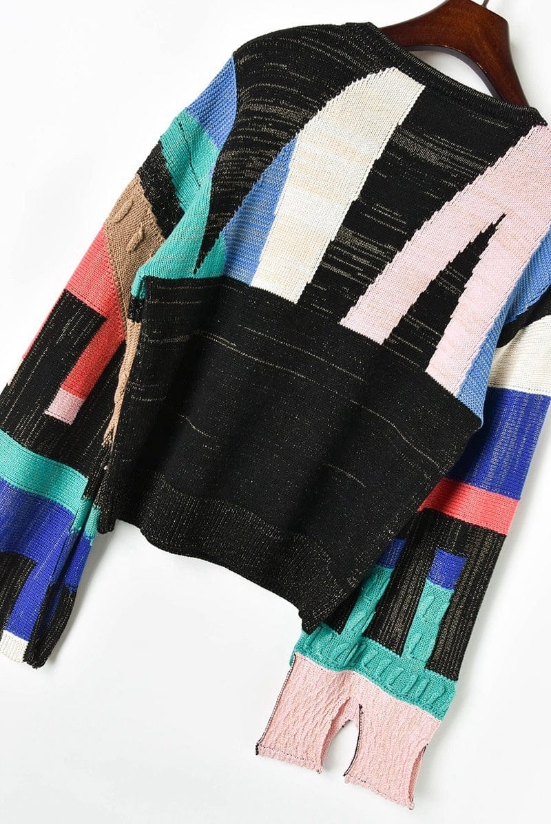 Jumper Women Sweaters Woman For Long V Factory Custom Label New Design Abstract Geometric Color Matching Patchwork Knit Sweater