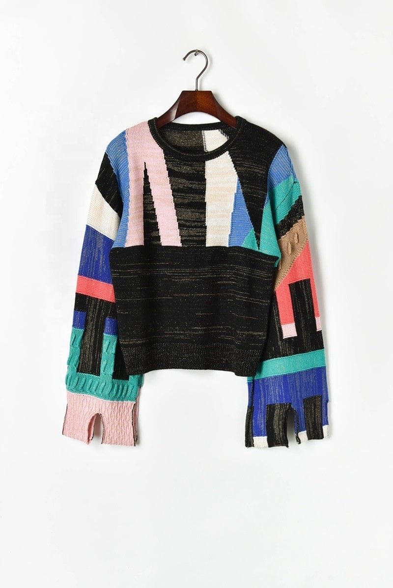 Jumper Women Sweaters Woman For Long V Factory Custom Label New Design Abstract Geometric Color Matching Patchwork Knit Sweater