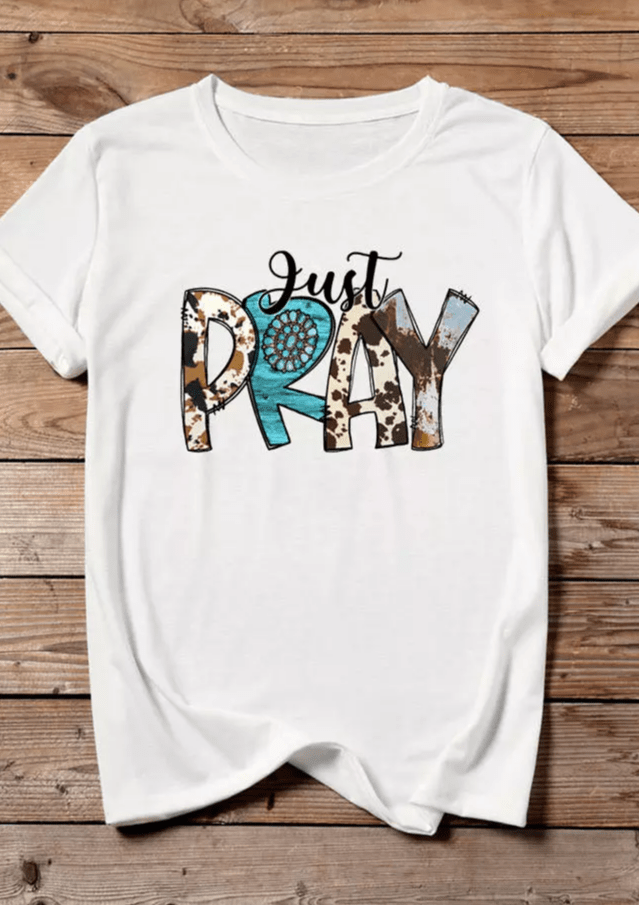 Just Pray Turquoise Cow T-Shirt Tee