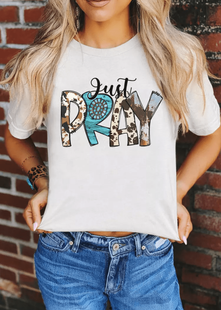 Just Pray Turquoise Cow T-Shirt Tee