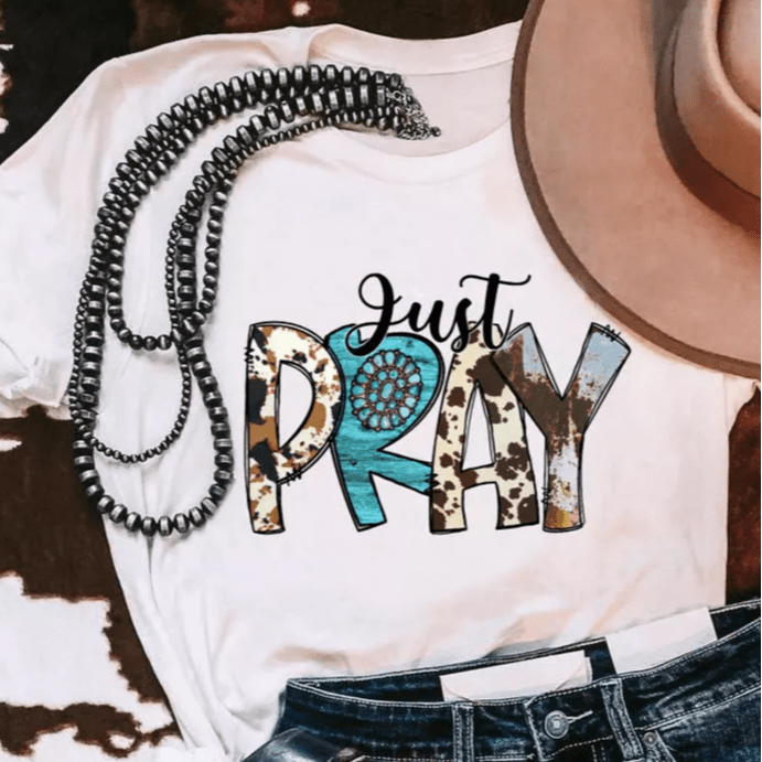 Just Pray Turquoise Cow T-Shirt Tee