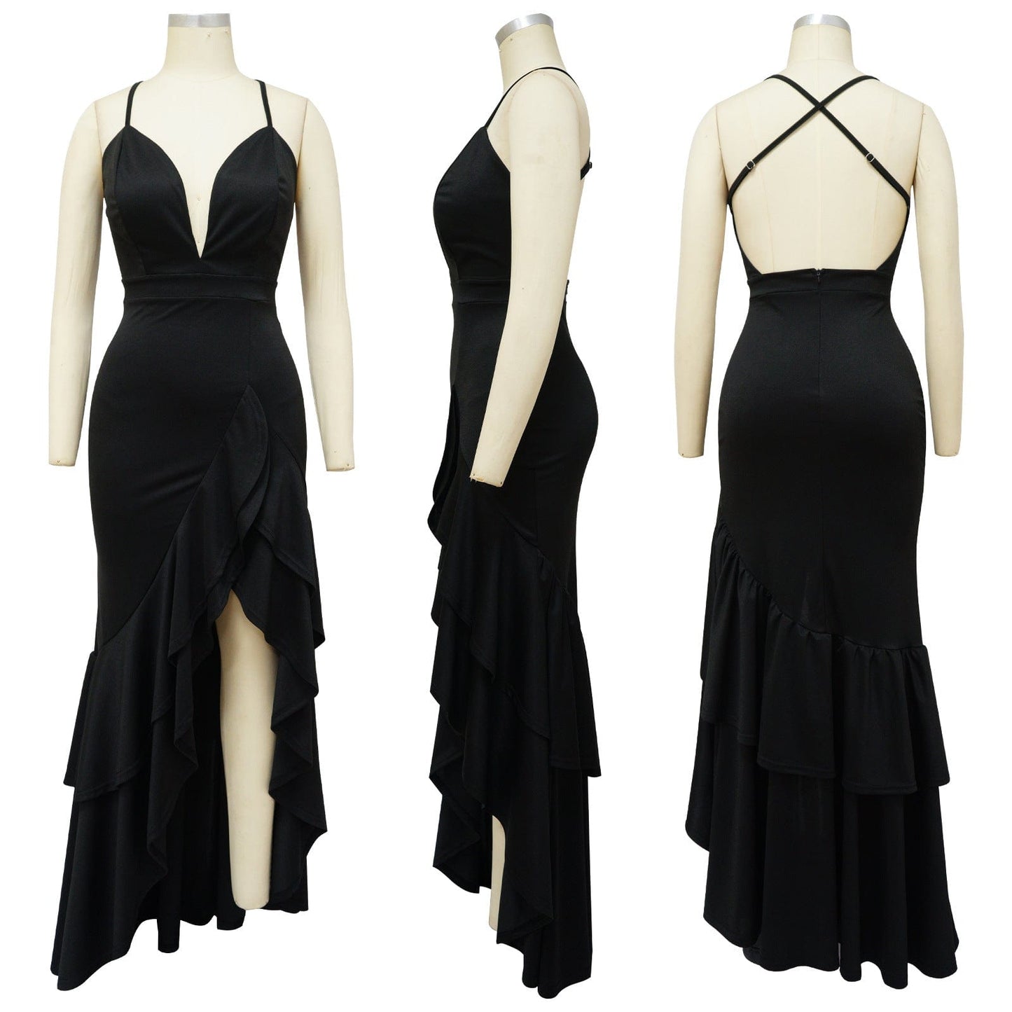 K10234 summer 2023 sexy V-Neck Ruffle sling Dress solid Irregular hem prom elegant party backless maxi dress